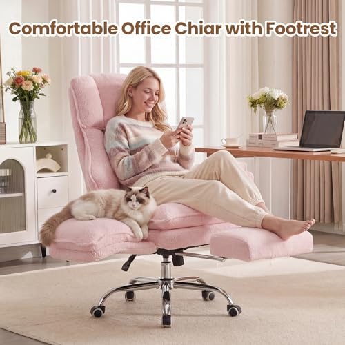 Big and Tall Office Chair with Flip Arms and Footrest, Teddy Criss Cross Legged Home Office Desk Chair with Pet Seat, Comfy Reclining Computer Gaming Chair, Pink - Image 3