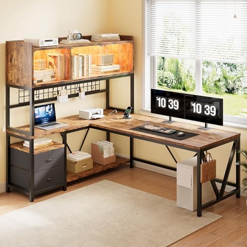 L Shaped Gaming Desk with Drawers, Corner Computer Desk with LED Tempered Glass Display Cabinet, Shaped L Office Desk with Charging Station and Fabric Drawer, PC Desk for Gaming and Office, Brown by JOCOEVOL