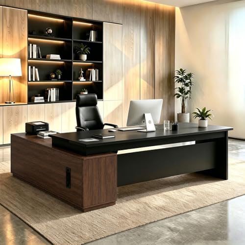 L Shaped Executive Desk with Drawers, Large Wood Workstation, Modern Executive Office Furniture for Home Office and Business Workspace, Multiple Sizes & Colors by Unknown
