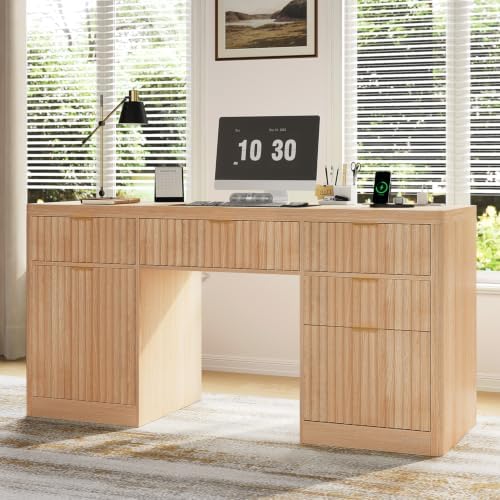 58" Fluted Executive Desk with Storage & Charging Station, Wood Modern Home Office Desk with 4 Drawers, 1 File Cabinet, 1 storage Cabinet, Computer Writing Desk for Work, Living Room, Bedroom, Natural by KNOWORLD
