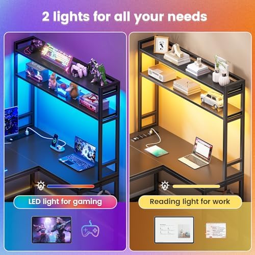 SEDETA L Shaped Gaming Desk, Reversible 45.3” Small Corner Desk with Power Outlet and LED Lights, Corner Gaming Desk with Storage Shelves, Hooks for Small Space, Black - Image 5