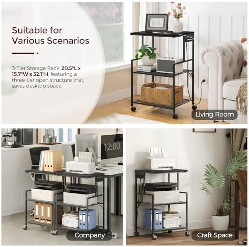 MAHANCRIS Mobile Printer Stand, 3-Tier Industrial Printer Cart with Power Outlets and 2 USB Ports, Rolling Printer Table on Wheels for Home Offices Kitchen Organization Rack, Black PTHB78E01 - Image 3