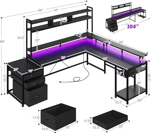 EnHomee 64x59 Inch Two Person L Shaped Gaming Desk with Shelf & LED Lights - Image 2