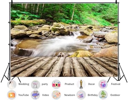 Mountain Stream Forest Backdrop Wooden Deck Waterfall Background Nature Adventure Party Decorations Wilderness Landscape Photo Studio Props 8X8ft Fabric - Image 2