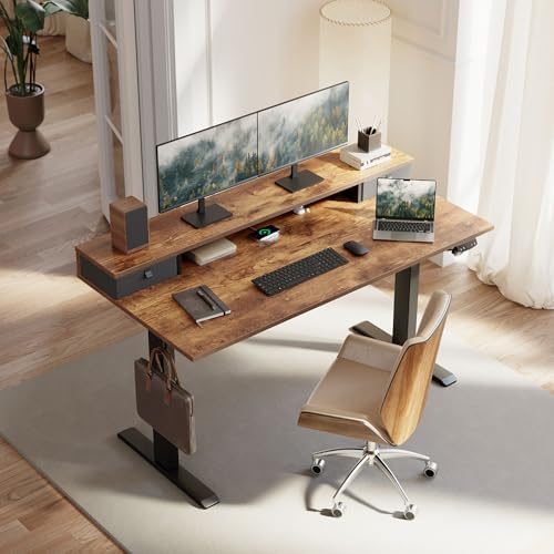 Klicelor 55 x24 Inch Electric Standing Desk with Drawers, Adjustable Height Small Sit Stand Desk for Home Office, Compact Computer Workstation with Storage– Rustic Brown - Image 2
