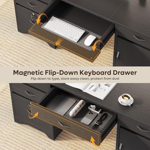 Bestier 59” Office Desk with Lockable Drawers & Charging Station, Black - Image 3