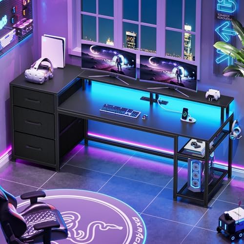SEDETA 59" Office Desk with Drawers, Reversible Computer Desk with File Drawers & Storage, Gaming Desk with LED Lights & Power Outlet, Home Office Desks for Printer, Black by SEDETA