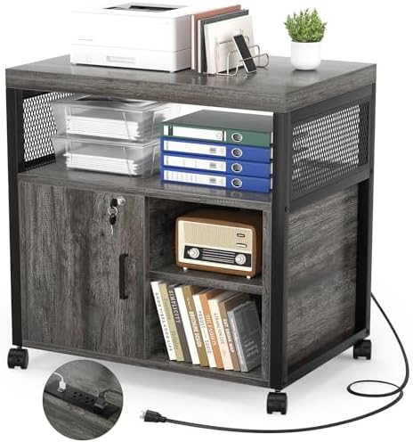 Unikito Rolling File Cabinet Lateral Office Filing Cabinets with Socket and USB Charging Port, Modern Printer Stand on Wheels Printer Cabinet with Door and Open Storage, Lockable, Black Oak by Unikito