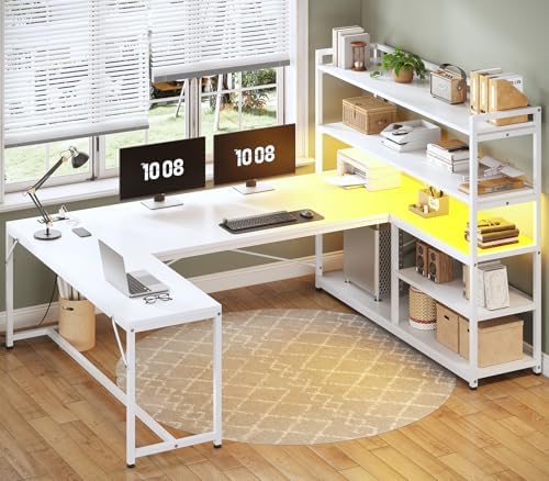 SEDETA 63” Reversible White L Shaped Computer Desk with Storage, Bookshelf by SEDETA