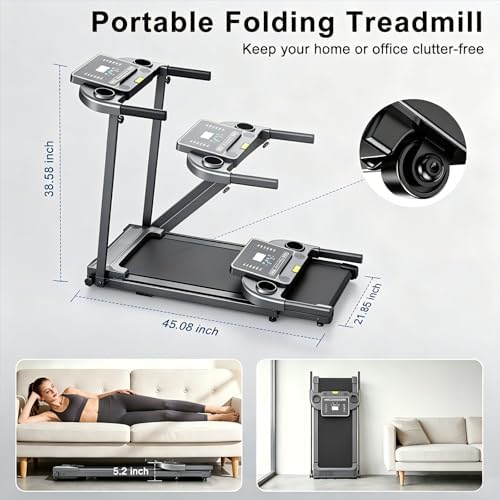 Treadmills for Home Walking Pad Machine- Foldable Treadmill with Handle Bar for Running Jogging Gym Compact Portable Small Caminadora Electrica Folding Quiet Tred Mills Motor & LED Dispay Pcrignbm - Image 6