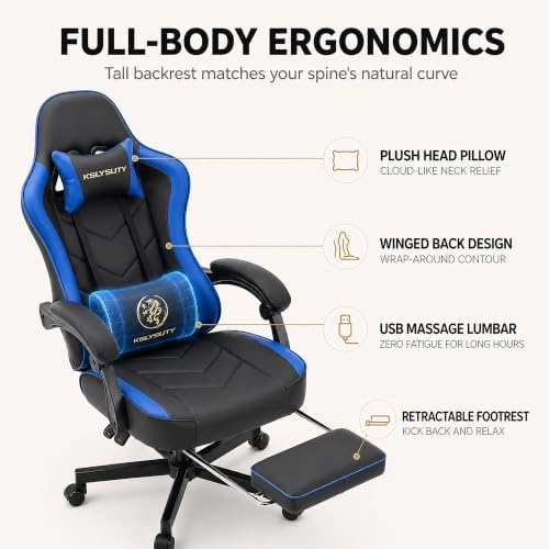 Office Desk Computer Gaming Chair for Adults, Ergonomic High Back Gamer Chair with Massage and Pocket Spring Cushion, Swivel Comfy Video Game Chairs with Footrest and Lumbar Support (Black Blue) - Image 4
