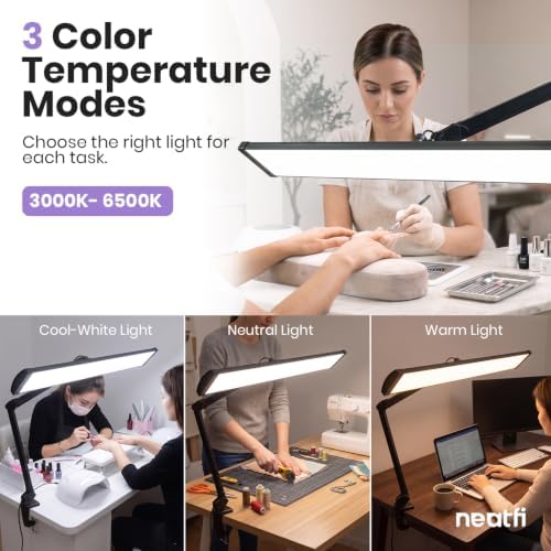 Neatfi Pro LED Task Lamp with Clamp | CRI 95 | 50W | 684 LED Beads | 4,500 Lumens | Touch CCT Dimming | 3000K-6500K | Desk Light for Reading, Crafting & Home Office Use (Black-7, 31.8-Inch Wide Shade) - Image 3