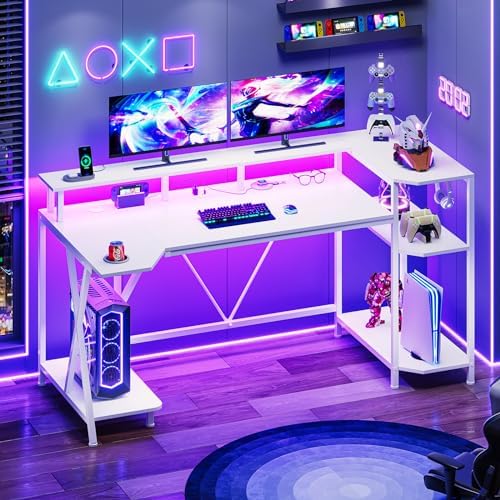 SEDETA White Gaming Desk 55'' with LED Lights and Storage Shelves by SEDETA