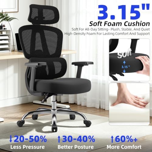 Office Chair Ergonomic Desk Chair Breathable Mesh Chair with Lumbar Support & Headrest, Black Office Chair 330 Lbs Home Computer Chair Thickened Cushion for Adults & Women (Small Chair) - Image 4