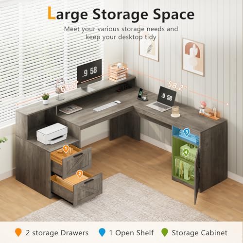 63" Farmhouse L Shaped Desk with Drawers & Printer Shelf for Home Office - Image 4