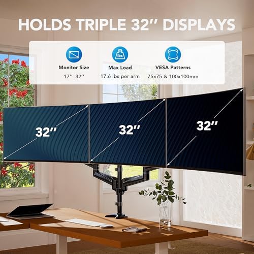 HUANUO Triple Monitor Mount for 17 to 32 inch Screens, Adjustment Gaming Triple Monitor Stand with Swivel, Tilt, Rotation, Clamp & Grommet Kit - Image 2