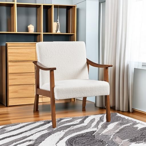 Yaheetech Accent Chair, Mid-Century Boucle Fabric Armchair Ivory - Image 5