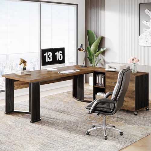 Tribesigns 70.86" Executive Desk with Mobile File Cabinet, Large L Shaped Computer Office Desk with 2 Drawers and Storage Shelves, Business Furniture Desk Workstation for Home Office (Rustic Brown) - Image 3