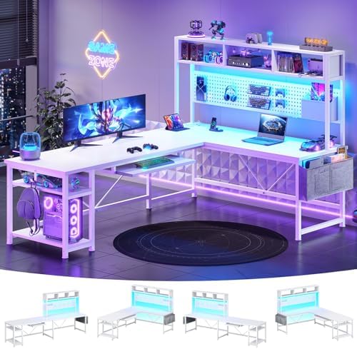 SEDETA White L Shaped Gaming Desk with Hutch, Power Outlet and Pegboard by SEDETA