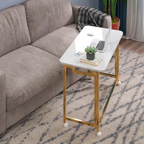 4NM 27.5" Mobile Small Rolling Computer Desk, Folding Laptop Cart Table with Wheels, Portable Office Desk for Small Space Couch Bed - White and Golden - Image 4
