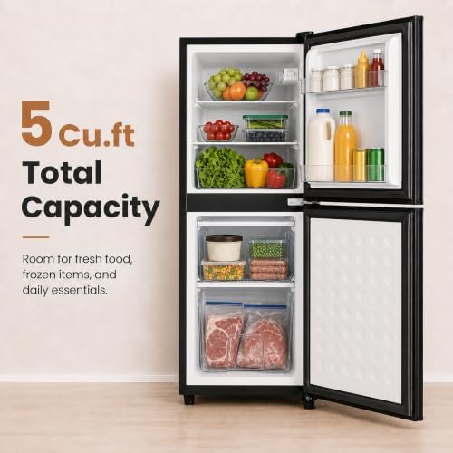 5 Cu.Ft Mini Fridge with Freezer, 2-Door Compact Refrigerator for Dorm/Office/Bedroom, Energy Efficient & Quiet, Black - Image 3