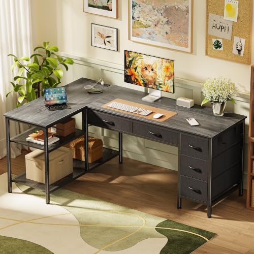 PRAISUN 55 Inch L Shaped Desk with Power Outlets, 5 Fabric Drawers - Image 2