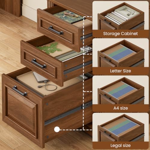Itaar Farmhouse Executive L Shaped Desk, Home Office Desk with File Drawer and Power Outlet, Computer Corner Desk with Drawers and Storage Cabinet, Workstation for Office Home, Brown - Image 3