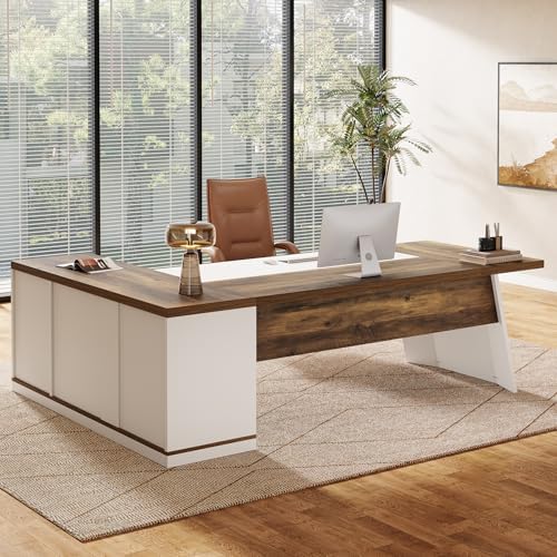 Tribesigns 78.7" L-Shaped Executive Desk, Modern Office Desk with 55.1" Storage Cabinet, Large Computer Table with Drawers, Business Furniture Workstation for Home Office, Brown & White - Image 3
