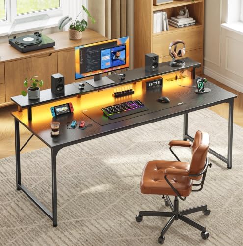 PRAISUN 55 inch Gaming Desk, LED & Power Outlets, Monitor Stand, Black - Image 2