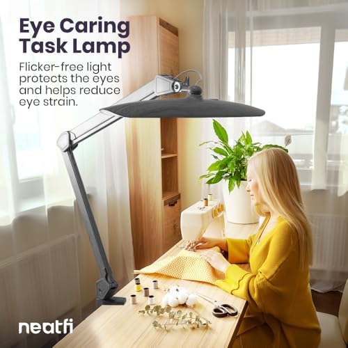 Neatfi XL 2200 Lumens 24W LED Desk Lamp – Shadow-Free Task Lighting | 4-Level Dimming | Home Office & Crafts Use | 20-Inch Wide Head (Gray Wood, Non-CCT with Clamp) - Image 2