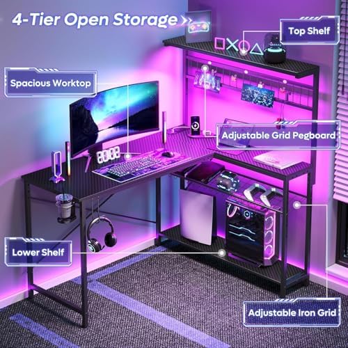 Bestier 51" L Gaming Desk with Power Outlets LED Lights, Carbon Fiber Black - Image 5