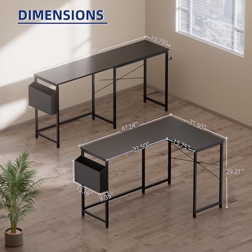 Pamray 47 Inch Reversible L Shaped Gaming Desk Corner Computer Desk with Storage Bag Home Office Table for Writing Study Black - Image 3