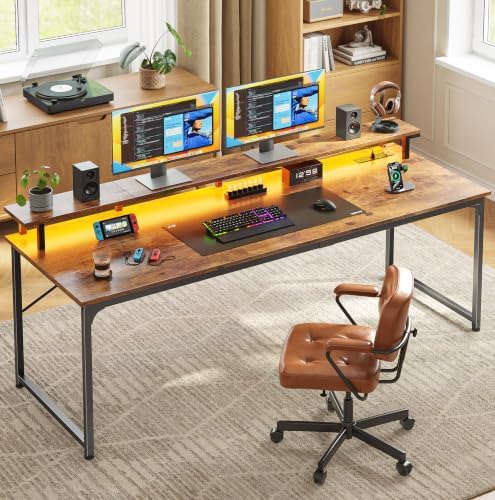 PRAISUN 63 inch Gaming Desk, LED & Outlets, Monitor Stand, Rustic Brown - Image 2
