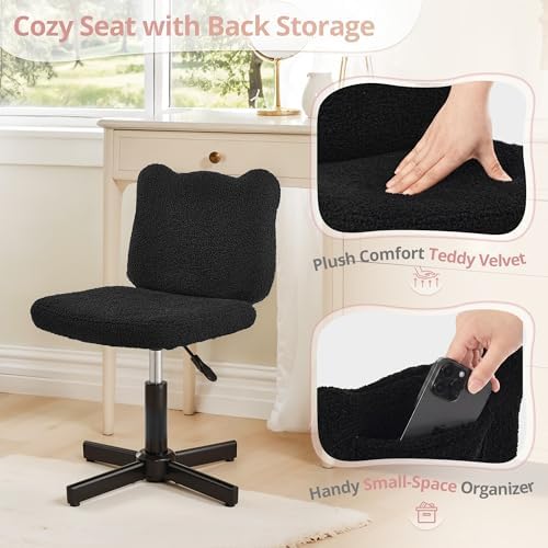 LUE BONA Cute Bear Ear Vanity Chair for Teen Girls - Height Adjustable 13.8"-18.9" Swivel Stool with Back Support, Teddy Velvet Makeup Ottoman, 300lbs, Black - Image 3