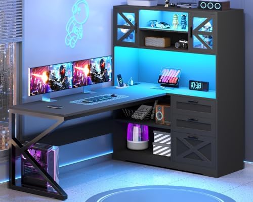 59" Farmhouse L Shaped Gaming Desk with Storage Drawers, LED Lights, Outlet by YomiluveDesign