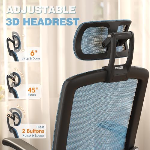 GABRYLLY Ergonomic Office Chair, High Back Home Desk Chair with 2D Flip-Up Arms, 3D Headrest, 90-120° Tilt and Wide Cushion, Big and Tall Mesh Chairs for Man Woman, Blue Computer Task Chair - Image 5