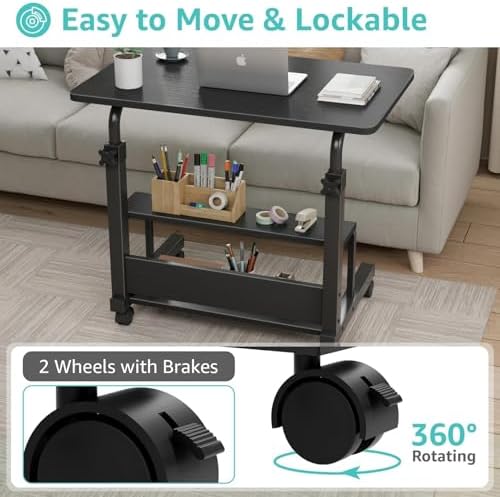 WINAZ Small Portable Rolling Kids Desk - 32" Mobile Laptop Desk with Wheels for Small Spaces, Height Adjustable C Shaped Side Table with 2-Tier Storage Shelves, Black - Image 7