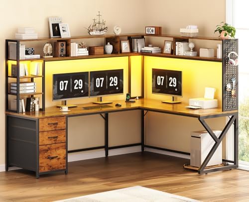 SEDETA L Shaped Computer Desk with Hutch, 3 Drawers, Shelves by SEDETA