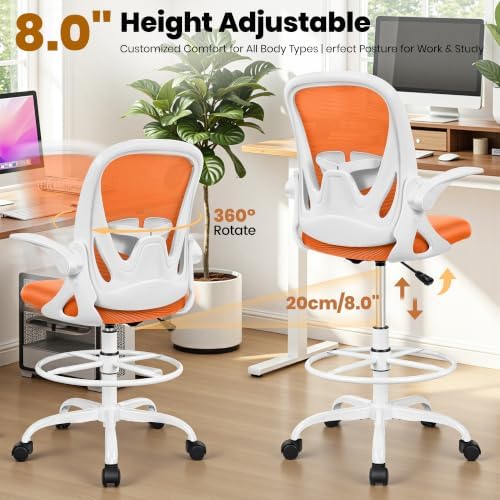 Primy Drafting Chair Tall Office Chair with Flip-up Armrests Executive Ergonomic Computer Standing Desk Chair with Lumbar Support and Adjustable Footrest Ring (Sunset Orange) - Image 6