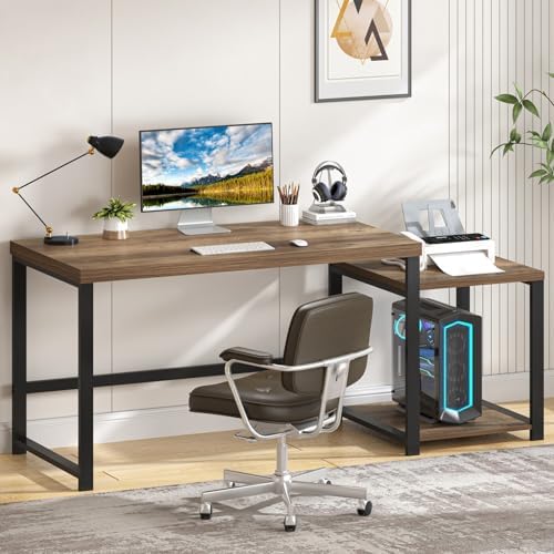 FOLUBAN 63 Inch Large Computer Desk with Printer Space & PC Tower Stand, Modern Wood Home Office Desk Workstation with Storage Shelves, Writing Study Gaming Table, Rustic Oak by FOLUBAN