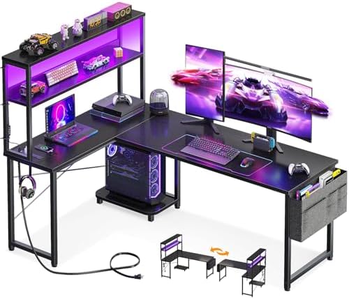 AODK L Shaped Desk Gaming Desk with LED Light & Power Outlet by AODK