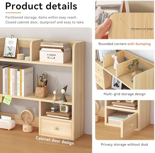 Desk Hutch, Wood Desktop Shelf Organizer with Cubby & Drawer for College Dorm Room, Office Desk Top Bookshelf for Storage - Image 5