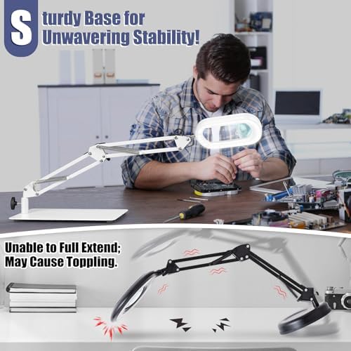 Drdefi 12X Square Magnifying Glass with Light and Stand, Real Glass LED Lighted Magnifier, 5 Color Modes Stepless Dimmable, Hands-Free Mag Desk Lamp with Clamp for Reading Craft Hobby Close Work White - Image 3