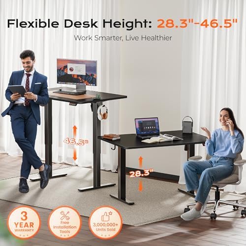 Huuger 48 x 28 Large Electric Standing Desk, Height Adjustable Desk, 27.6" Deep Desktop, Stand up Gaming, 2 Hooks, 3 Preset Heights, for Home Office, Black - Image 3