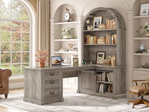 SEDETA 67" L Shaped Desk with Tall Arched Bookshelf & 3 Drawers Storage by SEDETA