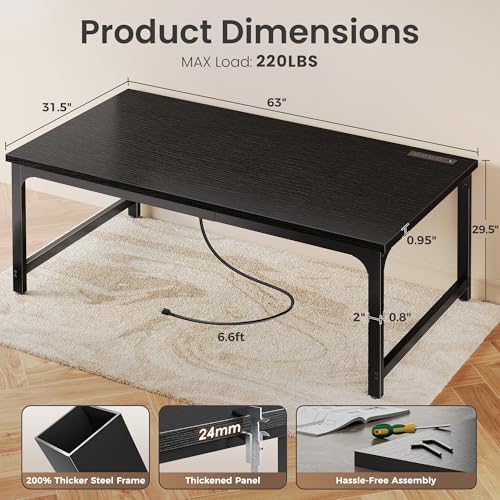 Huuger 63 x 31.5 inch Desk with Power Outlets & 0.95 Inch Thicker Desktop - Image 2