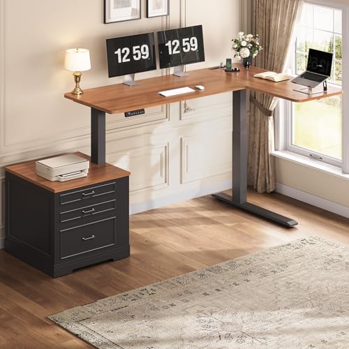SEDETA Farmhouse L Shaped Electric Standing Desk, 70.9" x 39.4" Height Adjustable Office Executive Desk with 3 Drawers, Standing Computer Desks with Power Outlet for Home Office, Black - Image 3