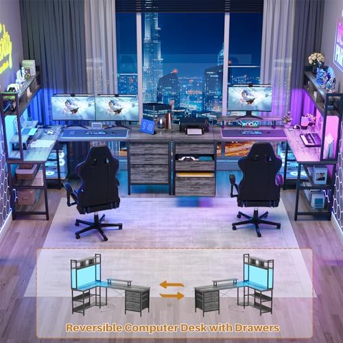 Aheaplus L Shaped Desk with Hutch, Gaming Desk with Led Lights, Reversible Computer Desk with Power Outlet, Corner Desk with File Drawer & Monitor Stand, Storage Shelves for Home Office, Black Oak - Image 6