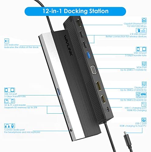 WAVLINK USB C Docking Station, 12-in-1 Triple Display Type C Adapter with HDMI, DisplayPort,VGA,Ethernet,2 USB 3.0/2.0,SD/TF Card Reader,3.5mm Audio Jack,100W PD3.0 for Mac Windows and More - Image 2