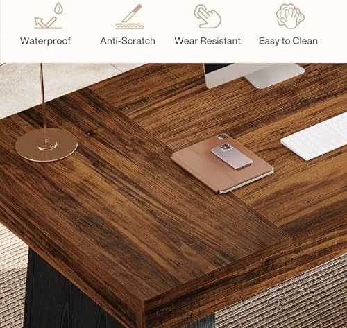 Tribesigns 55-Inch Executive Desk, Large Wood Office Computer Desk with Double Pedestal, Modern Minimalist Workstations Writing Table Conference Table Furniture for Home Office, Walnut&Black - Image 5
